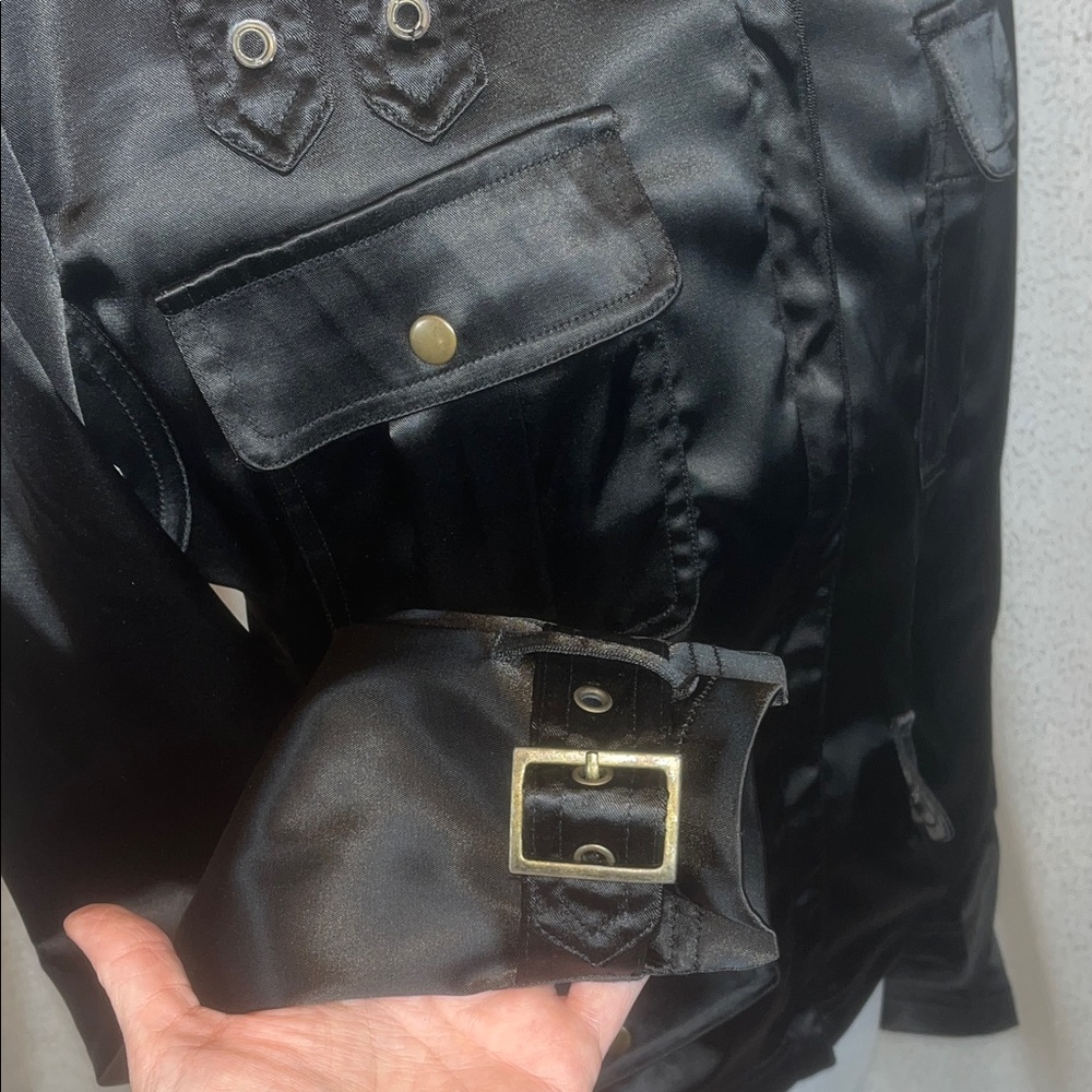 Black Satin Women's Utility Jacket - Picture 5 of 7